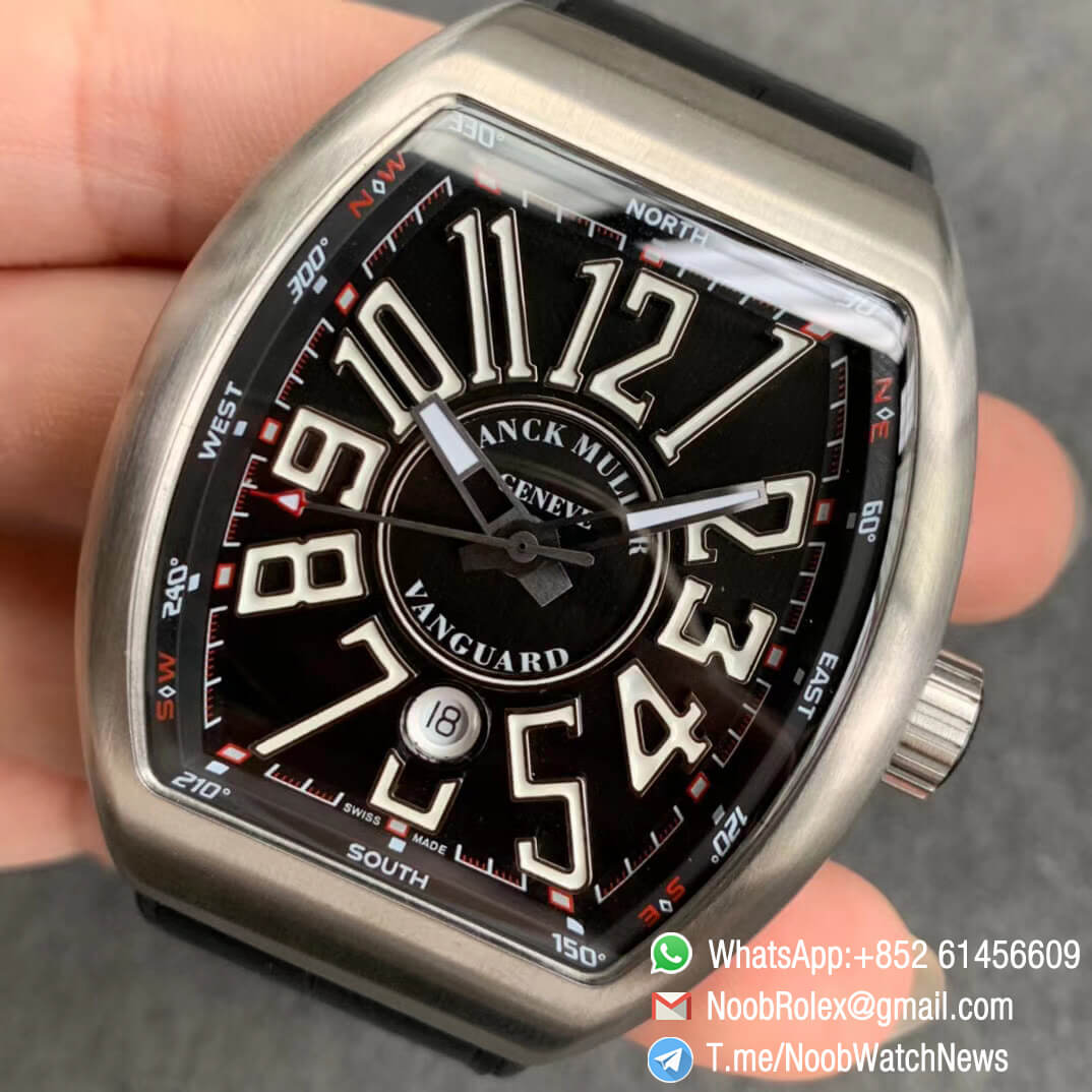 Franck Muller Vanguard V45 SC DT Steel Case Black Dial with Luminous White Markers Black Leather Strap A2824 ABF Replica Watch 03