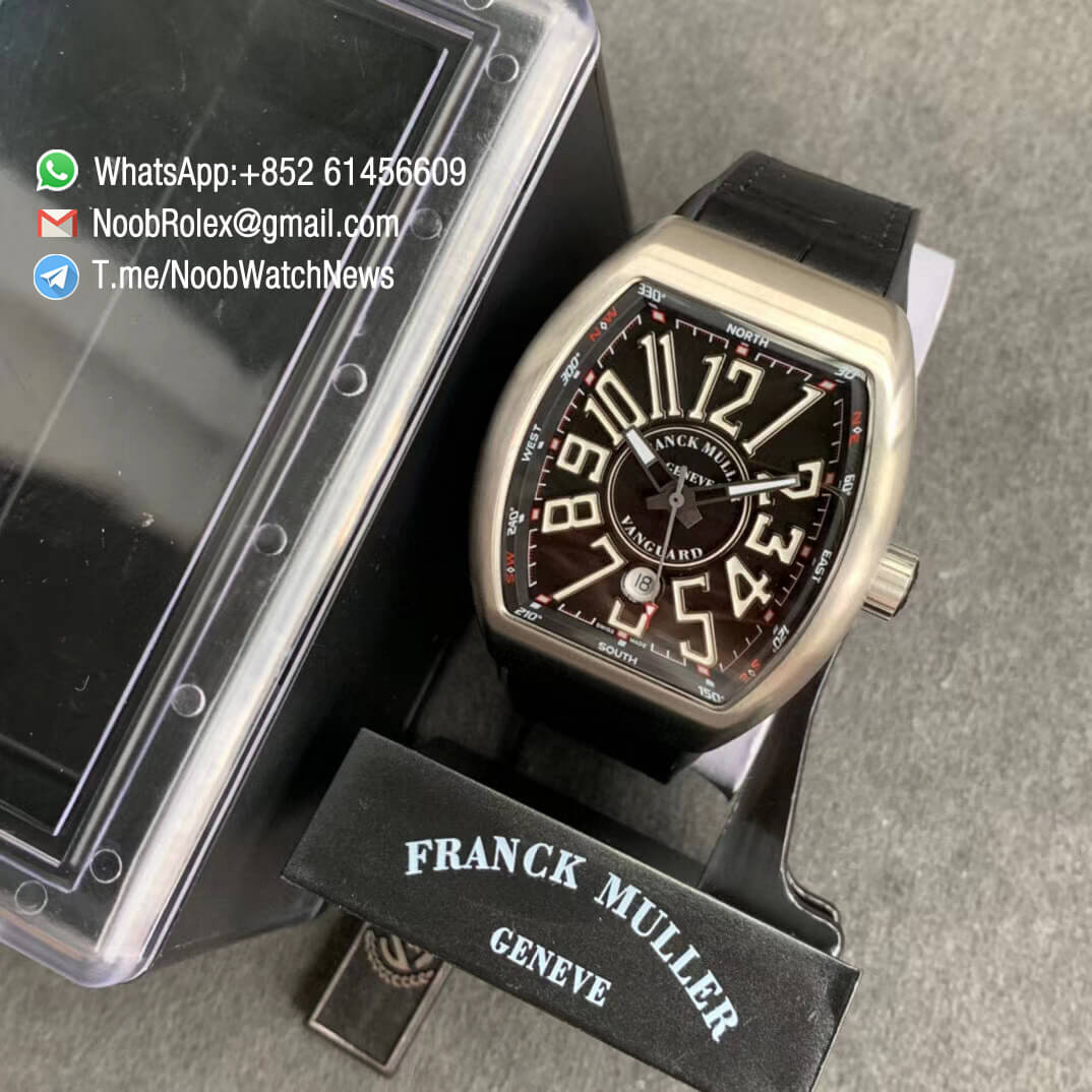 Franck Muller Vanguard V45 SC DT Steel Case Black Dial with Luminous White Markers Black Leather Strap A2824 ABF Replica Watch 09