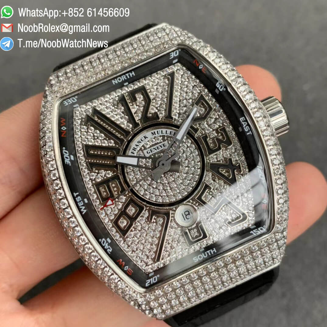 Franck Muller Vanguard V45 Steel Case Full Paved Diamonds Full Diamonds Dial Lume Hand on Black Gummy Strap A2824 02