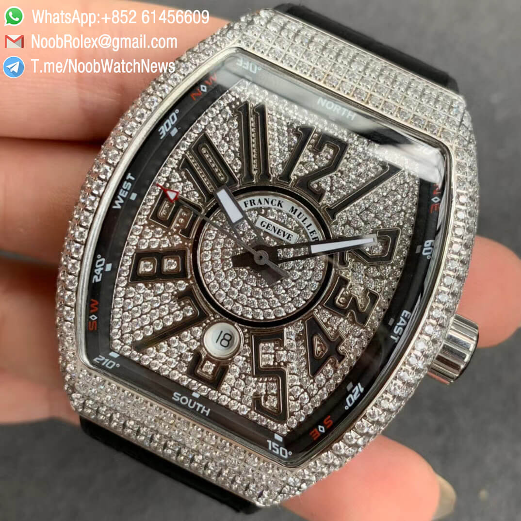 Franck Muller Vanguard V45 Steel Case Full Paved Diamonds Full Diamonds Dial Lume Hand on Black Gummy Strap A2824 03