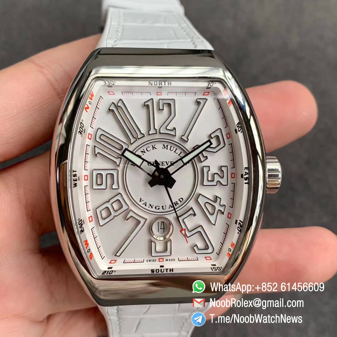 Franck Muller Vanguard V45 Steel Case White Textured Dial on White Rubber Strap MIYOTA 9015 ZF Top Rep Watch 01