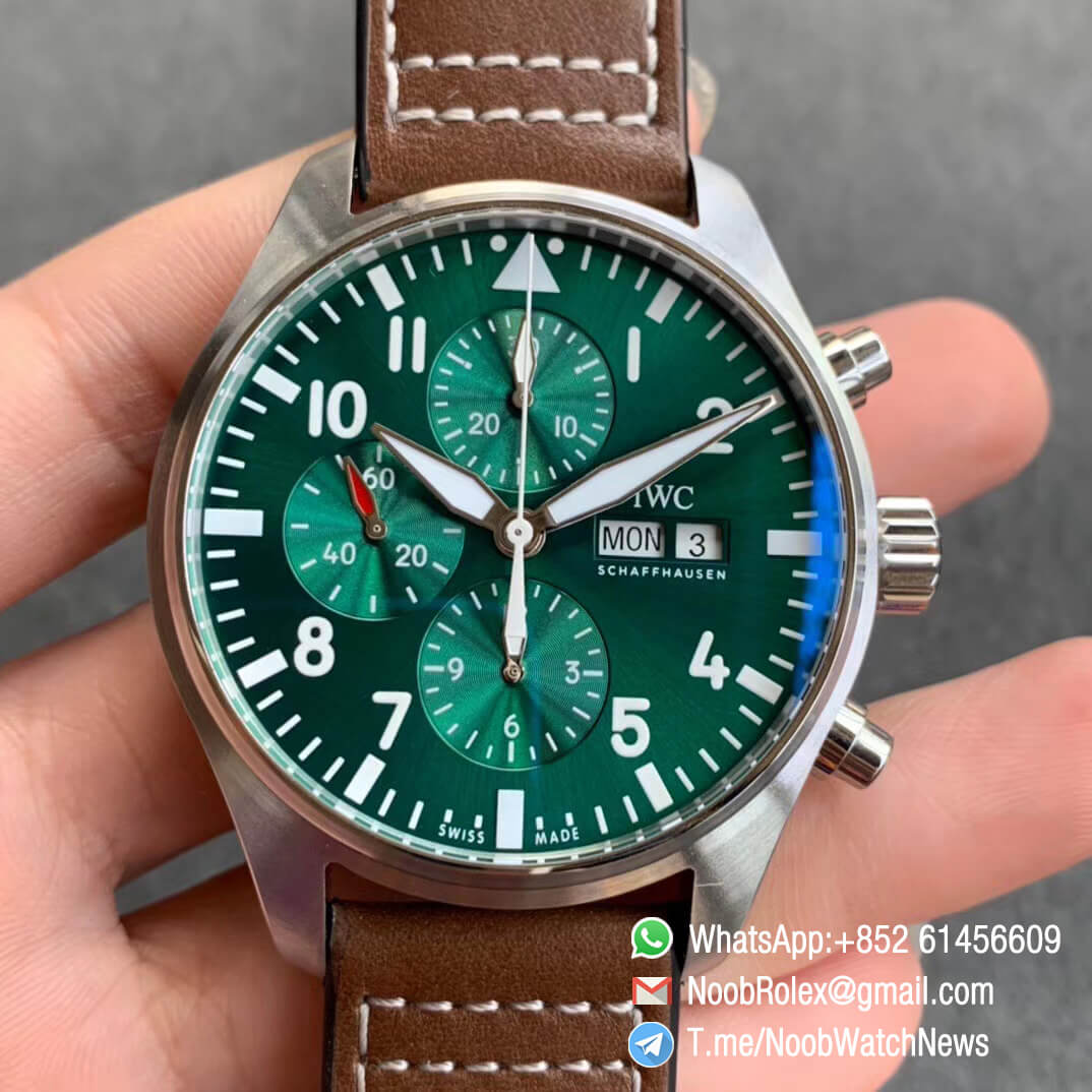 IWC Pilot Chronograph IW377726 Steel Case Green Dial Day Date Display on Brown Leather Strap A7750 ZF Top Fake 01