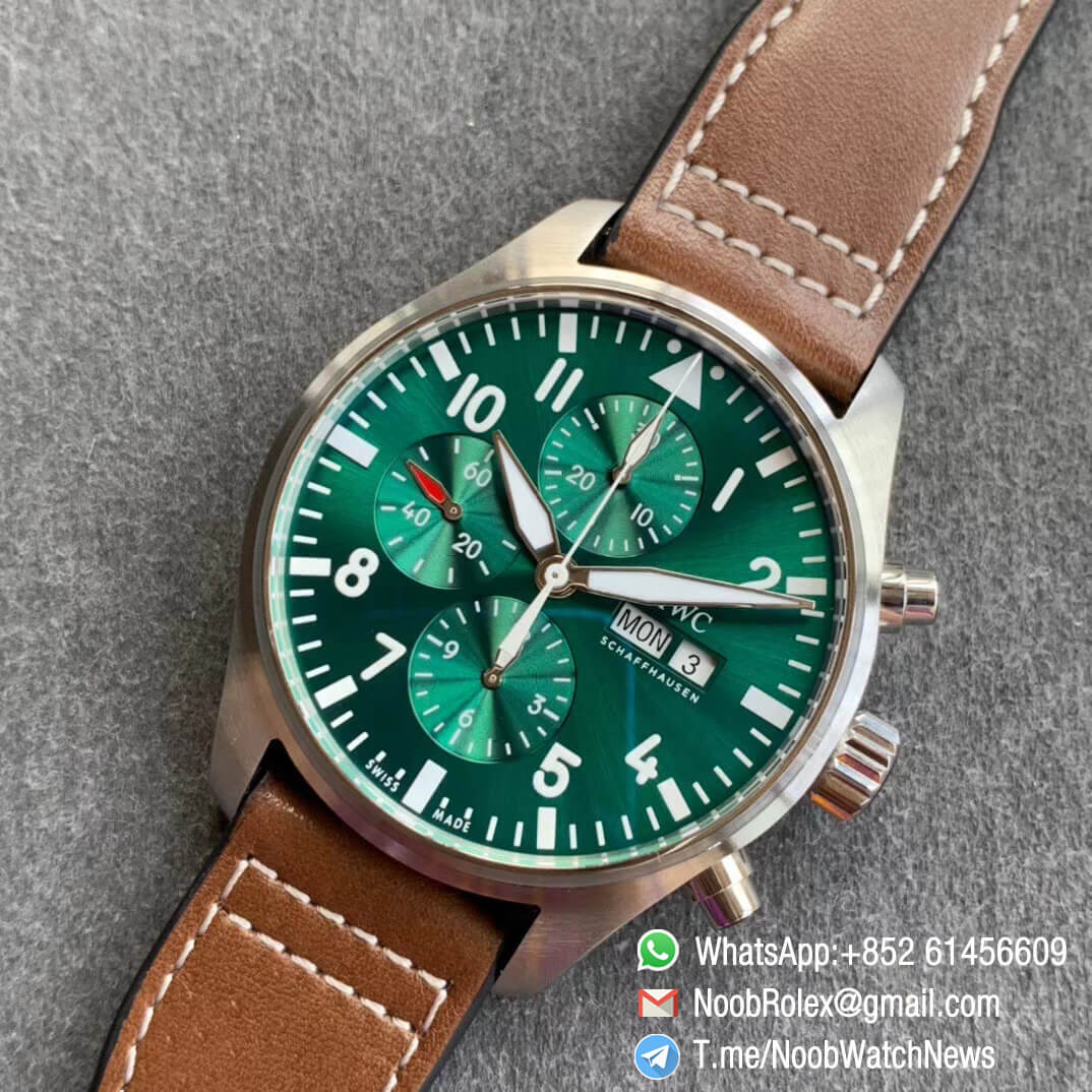 IWC Pilot Chronograph IW377726 Steel Case Green Dial Day Date Display on Brown Leather Strap A7750 ZF Top Fake 09
