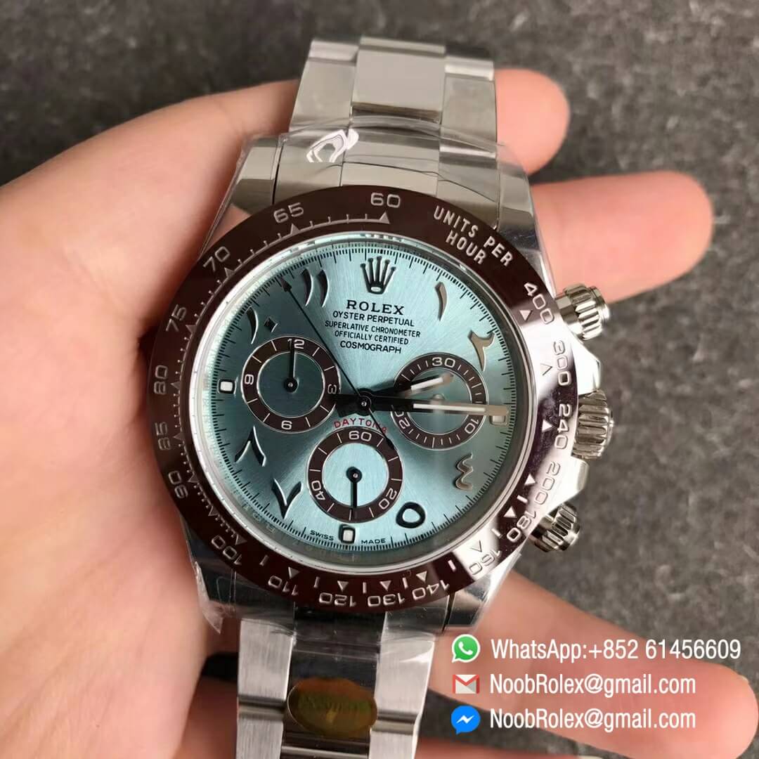 Noob Watches Rolex Daytona 116506 Brown Ceramic Bezel 904L Steel Case and Bracelet Ice Blue Arabic Dial SA4130 V3 Noob Factory Top Clone 01