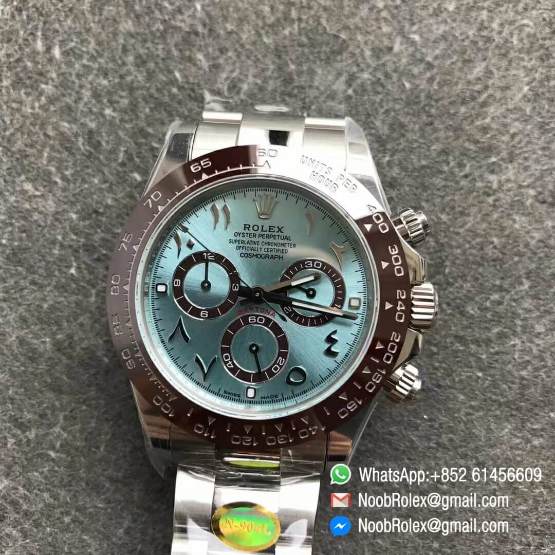 Noob Watches Rolex Daytona 116506 Brown Ceramic Bezel 904L Steel Case and Bracelet Ice Blue Arabic Dial SA4130 V3 Noob Factory Top Clone 06