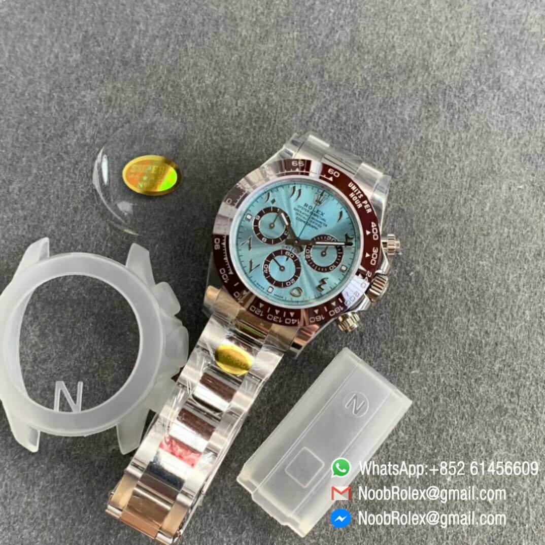 Noob Watches Rolex Daytona 116506 Brown Ceramic Bezel 904L Steel Case and Bracelet Ice Blue Arabic Dial SA4130 V3 Noob Factory Top Clone 11