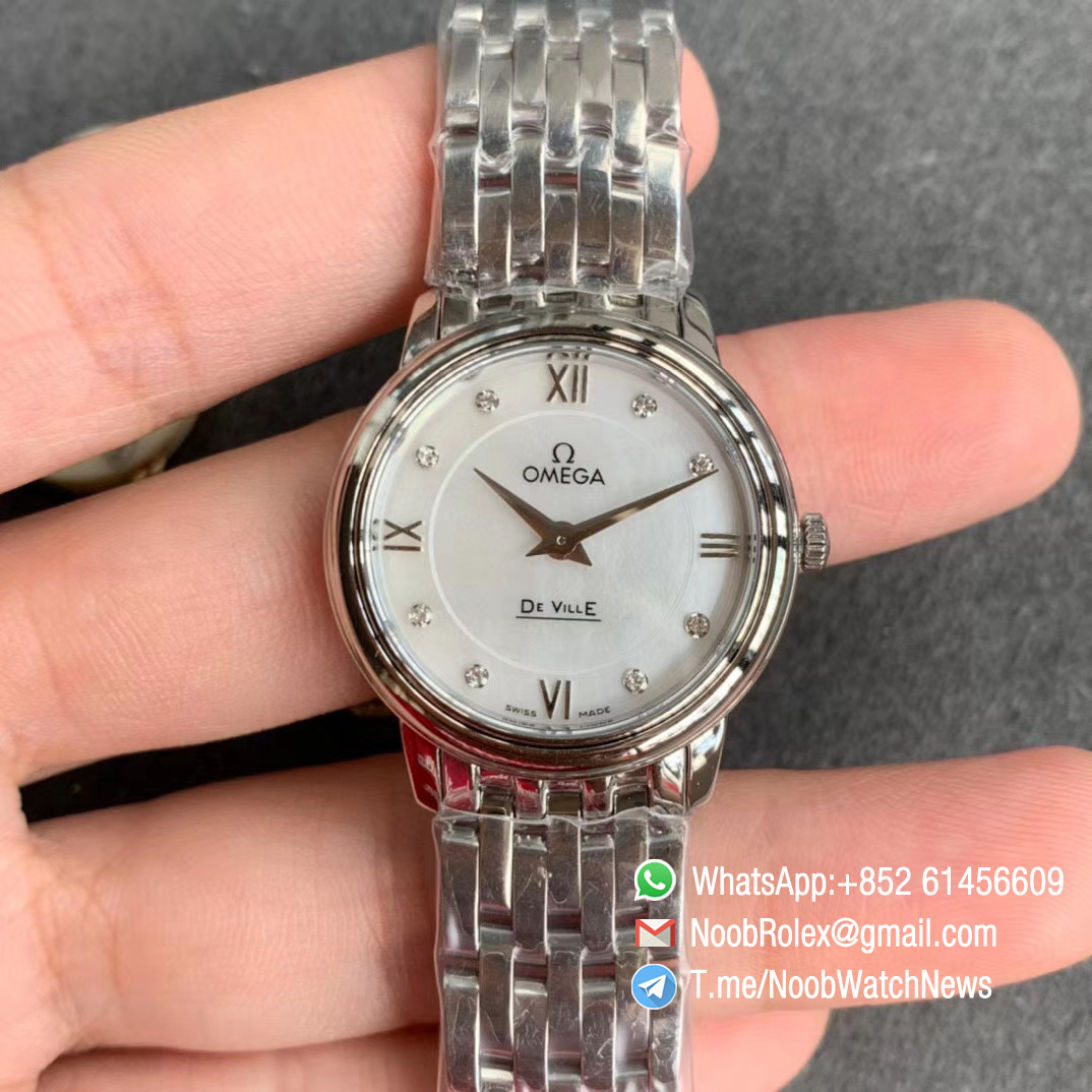 Omega De Ville Prestige 27mm Lady watch Steel Case Bracelet White Dial with Diamonds on Japan Quartz ZF Top Copy 02