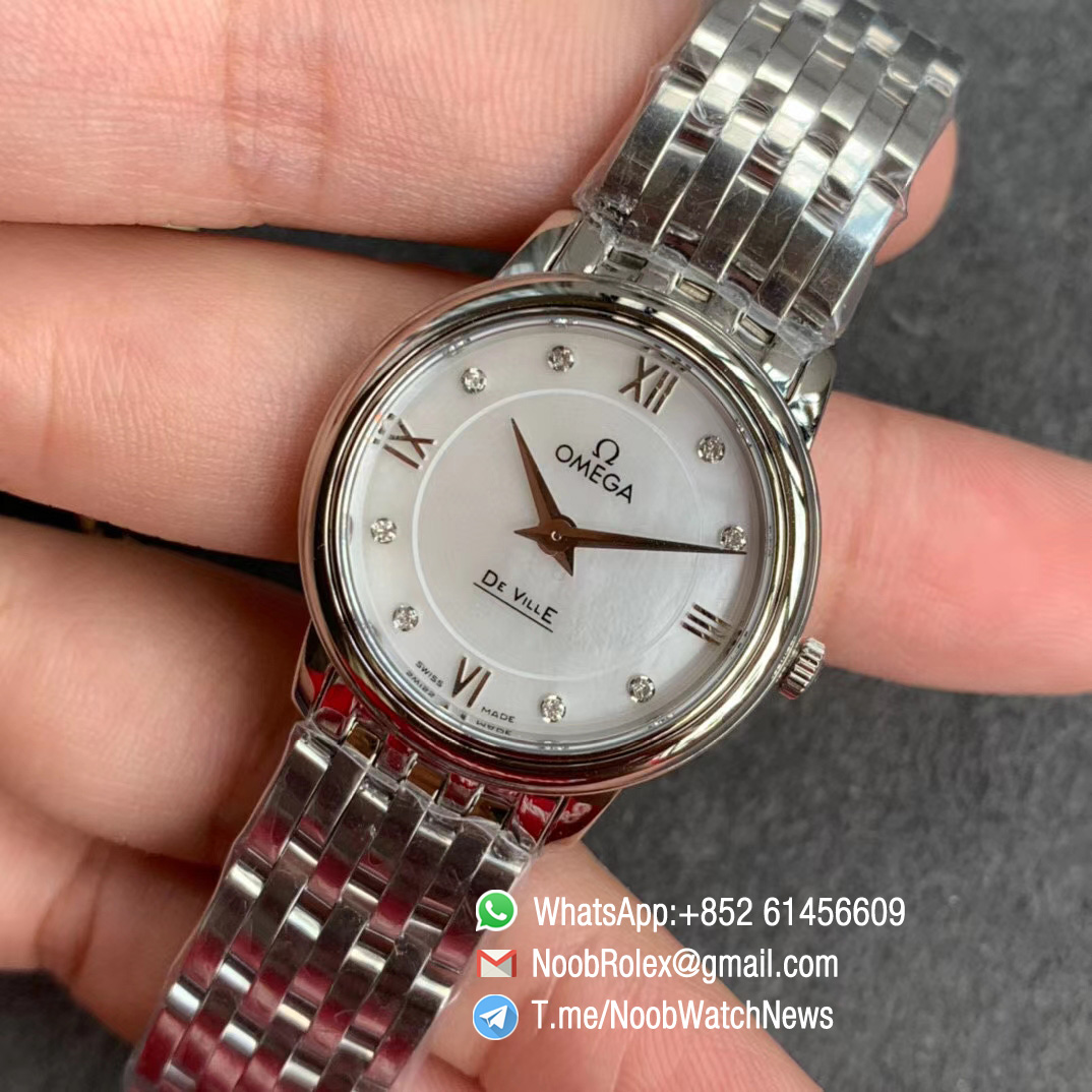 Omega De Ville Prestige 27mm Lady watch Steel Case Bracelet White Dial with Diamonds on Japan Quartz ZF Top Copy 04