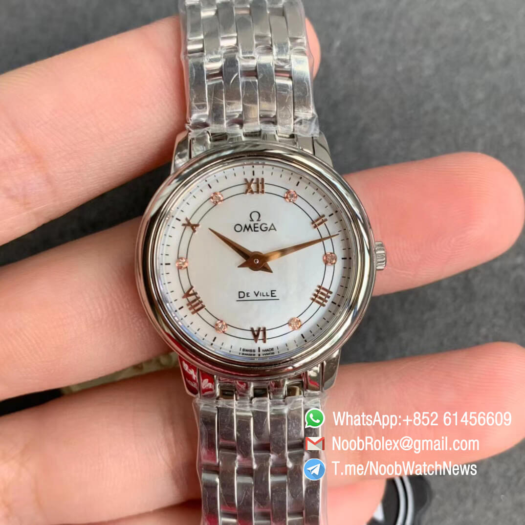 Omega De Ville Prestige Ladies Wristwatch 27mm Steel Case Bracelet White Dial Roman Rose Gold Diamonds Markers on Jap Quartz ZF Best Clone 01