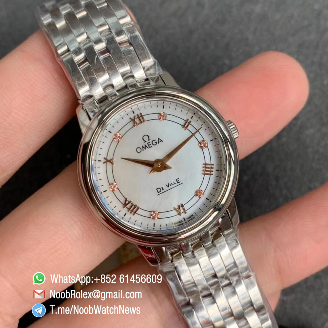 Omega De Ville Prestige Ladies Wristwatch 27mm Steel Case Bracelet White Dial Roman Rose Gold Diamonds Markers on Jap Quartz ZF Best Clone 02