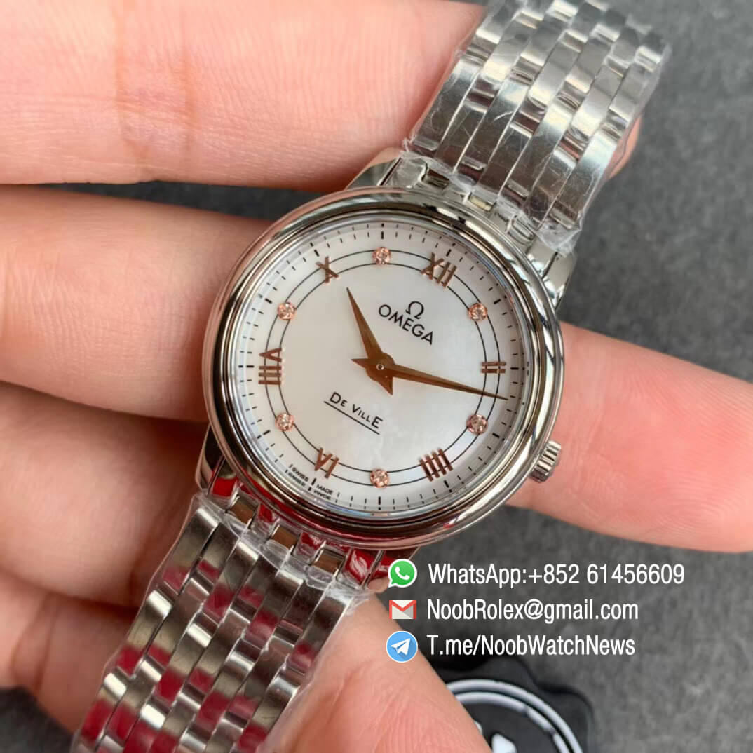 Omega De Ville Prestige Ladies Wristwatch 27mm Steel Case Bracelet White Dial Roman Rose Gold Diamonds Markers on Jap Quartz ZF Best Clone 03