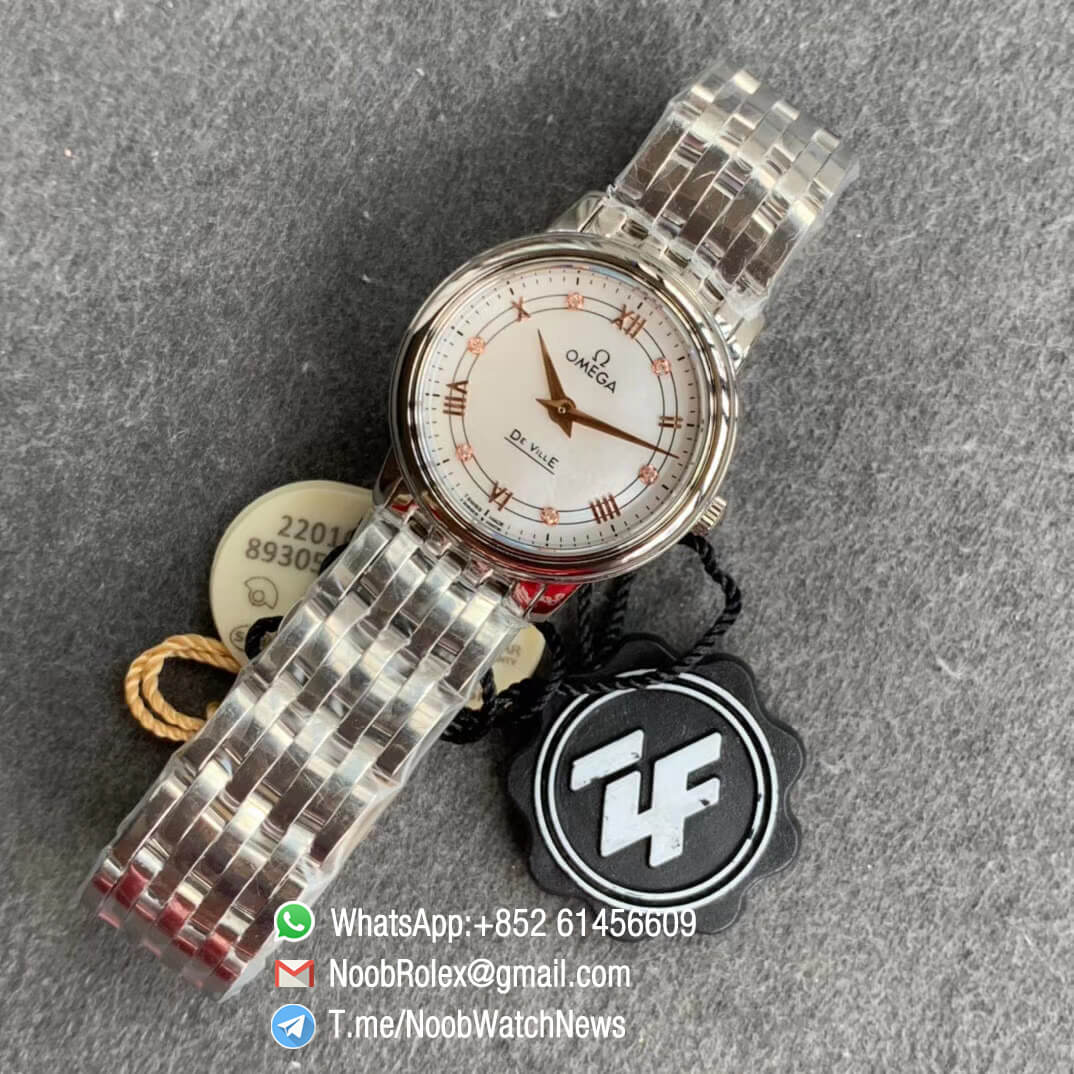 Omega De Ville Prestige Ladies Wristwatch 27mm Steel Case Bracelet White Dial Roman Rose Gold Diamonds Markers on Jap Quartz ZF Best Clone 09