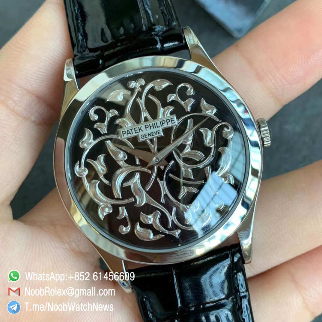 Patek Philippe Calatrava 5088 100P Voluten and Arabesken Dial on Black Leather Strap A240 Micro Rotor Automatic FLF Top Repwatch 02