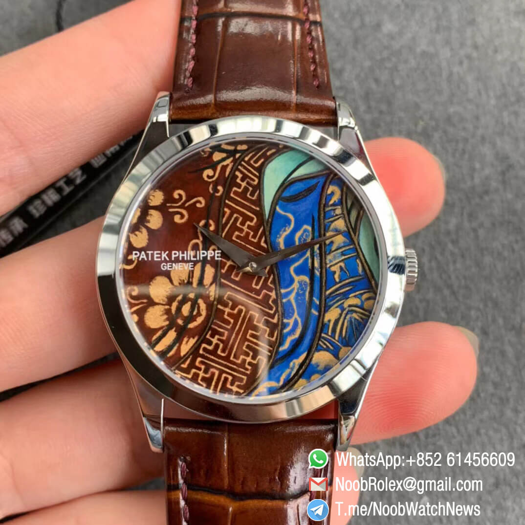 Patek Philippe Calatrava Bhutan Textiles 5077P 102 on Brown Leather Strap A240 Micro Rotor FLF Top Clone Watch 01