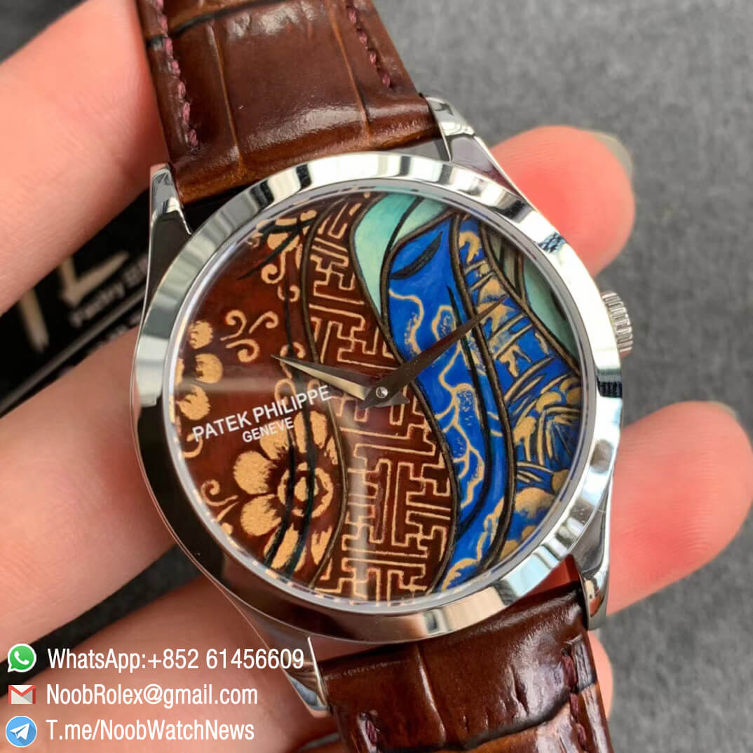 Patek Philippe Calatrava Bhutan Textiles 5077P 102 on Brown Leather Strap A240 Micro Rotor FLF Top Clone Watch 02