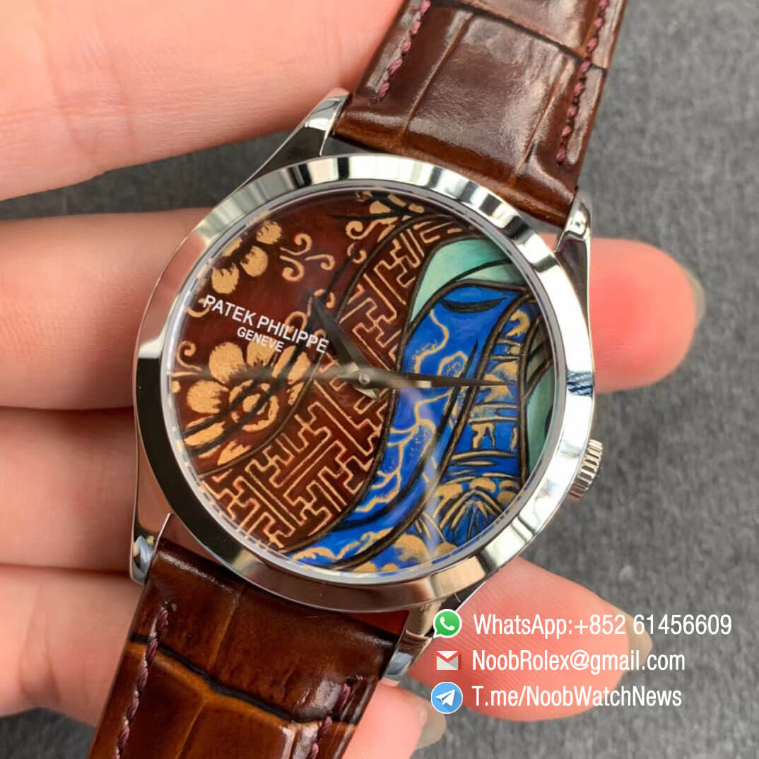 Patek Philippe Calatrava Bhutan Textiles 5077P 102 on Brown Leather Strap A240 Micro Rotor FLF Top Clone Watch 03