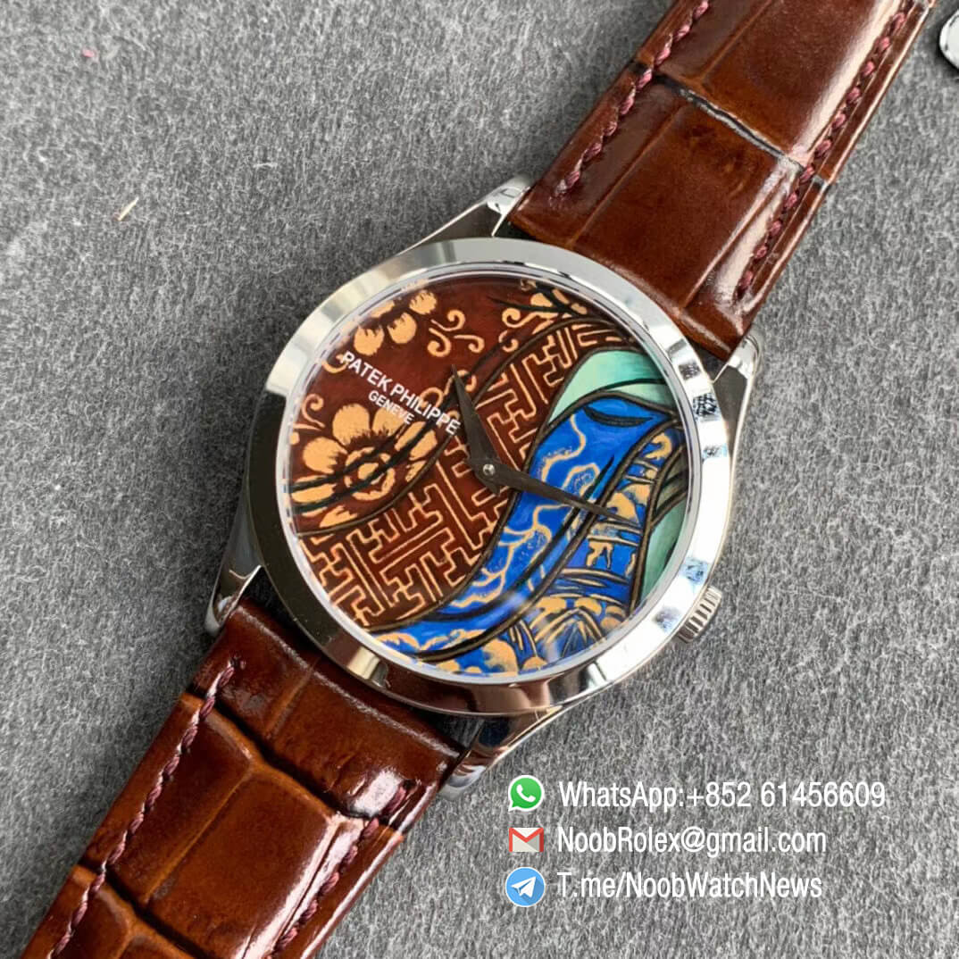 Patek Philippe Calatrava Bhutan Textiles 5077P 102 on Brown Leather Strap A240 Micro Rotor FLF Top Clone Watch 09
