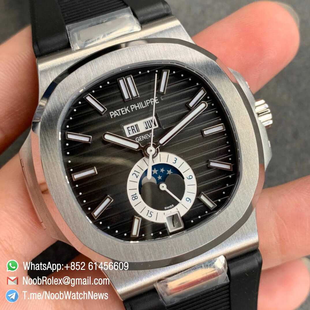 Patek Philippe Nautilus 5726 Complicated DayDate MonthMoonphase Steel Case Black Dial on Black Rubber Strap A324 GRF Top Clone 02