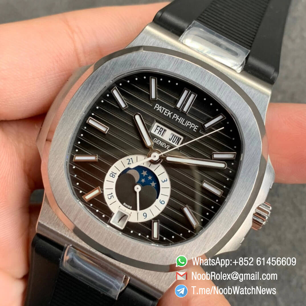 Patek Philippe Nautilus 5726 Complicated DayDate MonthMoonphase Steel Case Black Dial on Black Rubber Strap A324 GRF Top Clone 03