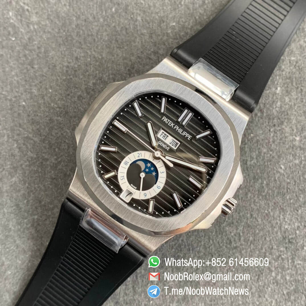 Patek Philippe Nautilus 5726 Complicated DayDate MonthMoonphase Steel Case Black Dial on Black Rubber Strap A324 GRF Top Clone 09