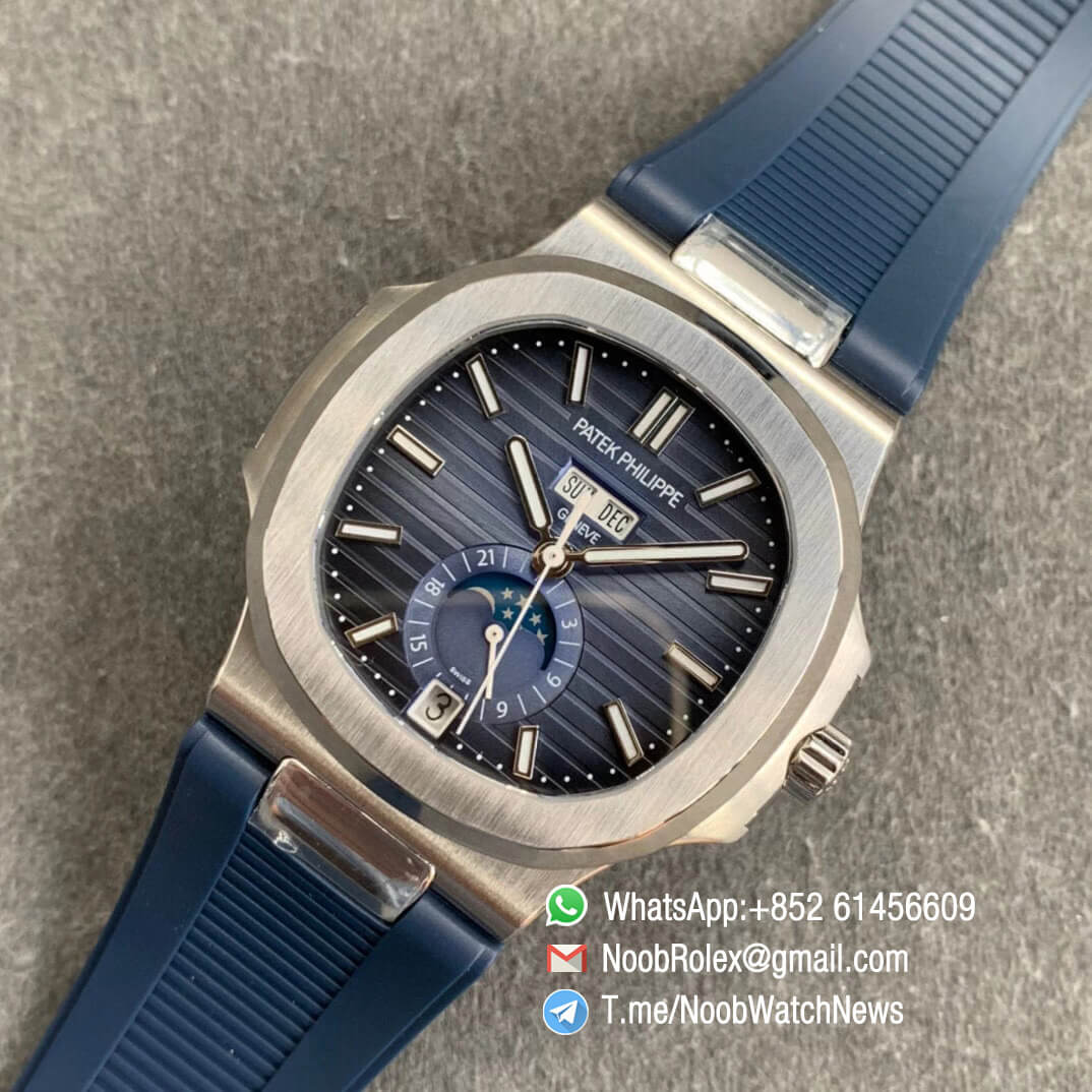 Patek Philippe Nautilus 5726 Complicated DayDate MonthMoonphase Steel Case Blue Textured Dial on Blue Rubber Strap A324 GRF High Quality Repwatch 09