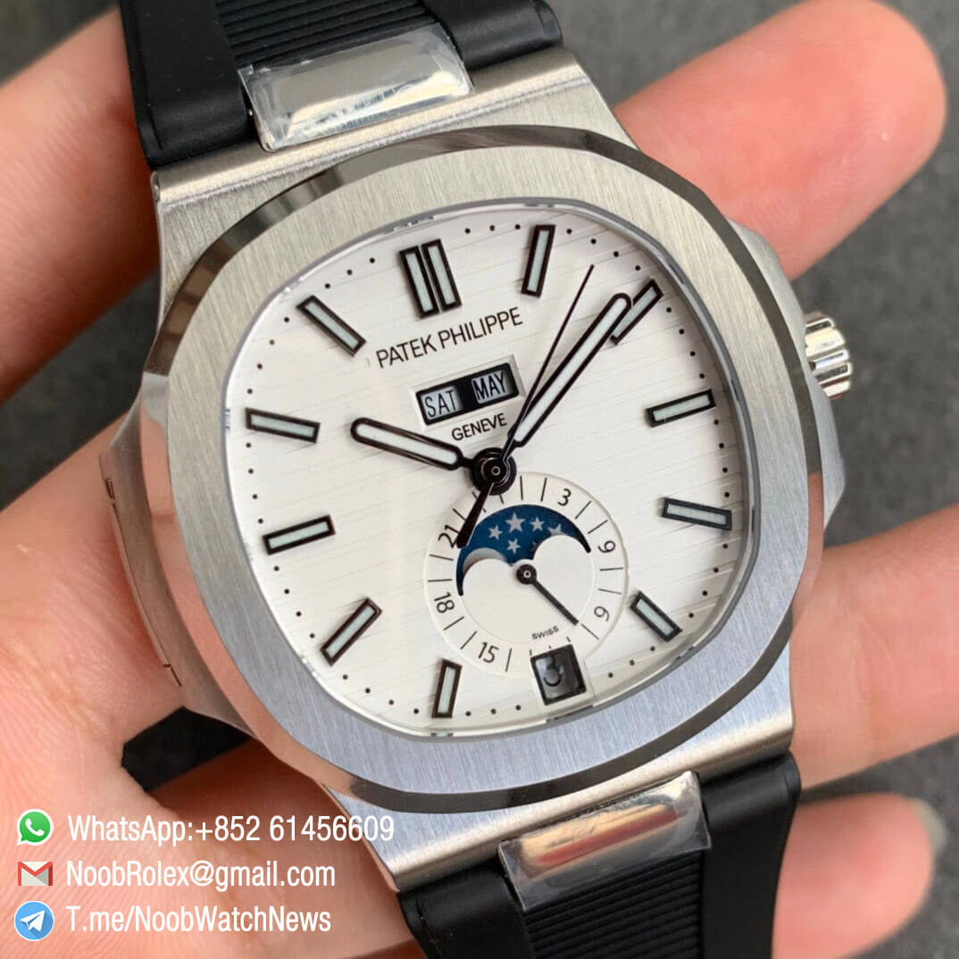 Patek Philippe Nautilus 5726 Complicated DayDate MonthMoonphase Steel Case White Dial on Black Rubber Strap A324 GRF Best Replica 02