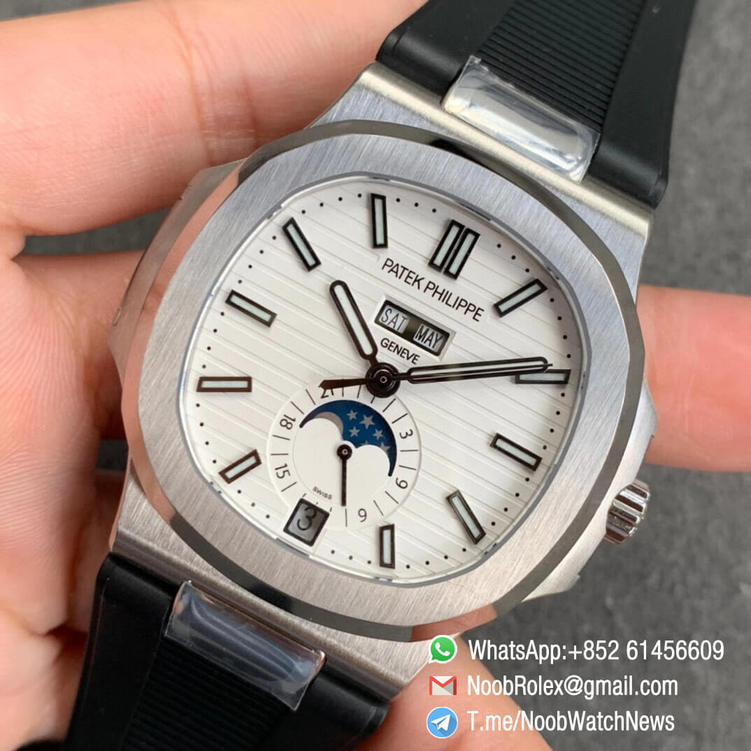 Patek Philippe Nautilus 5726 Complicated DayDate MonthMoonphase Steel Case White Dial on Black Rubber Strap A324 GRF Best Replica 03