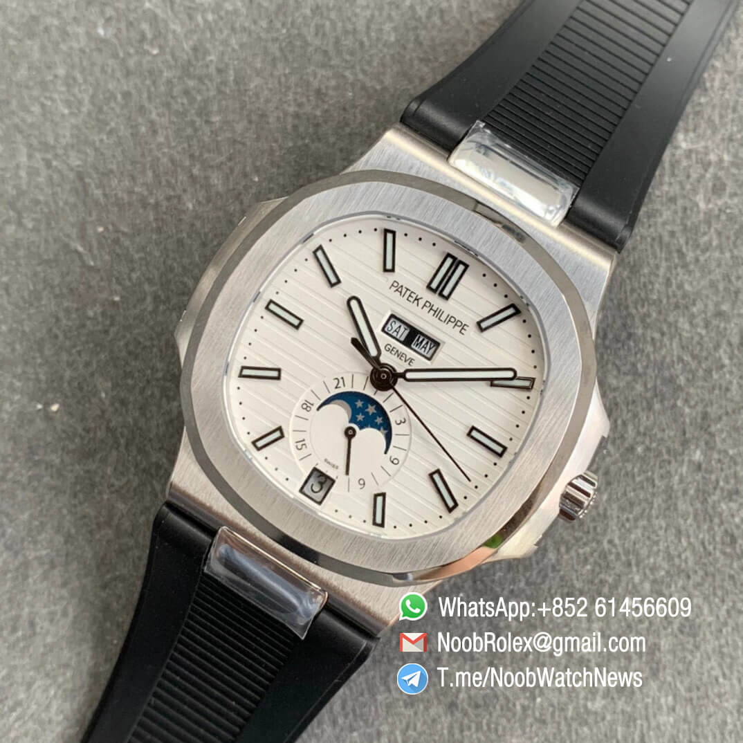 Patek Philippe Nautilus 5726 Complicated DayDate MonthMoonphase Steel Case White Dial on Black Rubber Strap A324 GRF Best Replica 09