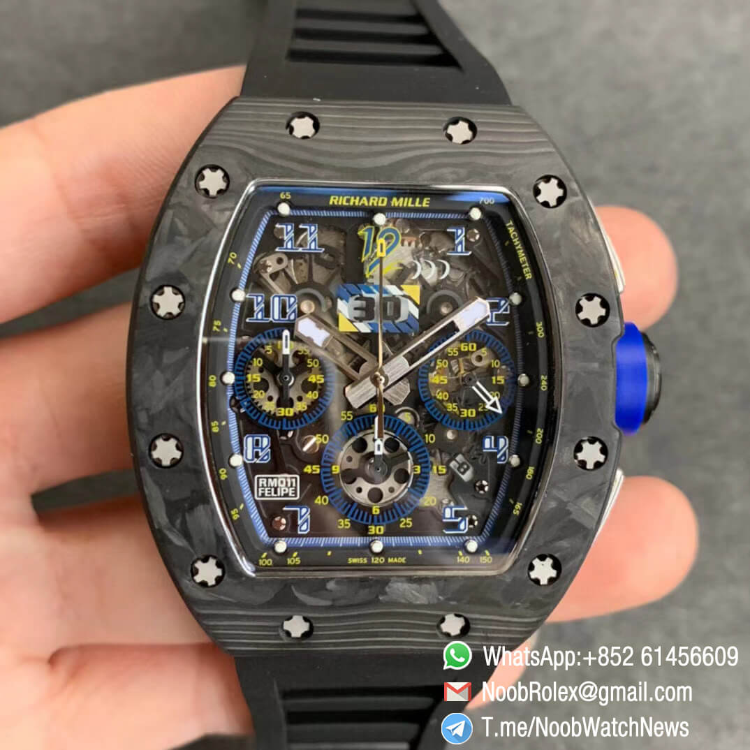 RM011 FELIPE NTPT Chrono Carbon Case Titanium Mid Case Skeleton Dial Blue Chrono Sub Dial Blue Crown on Black Rubber Strap A7750 KVF V2 Repwatch 01