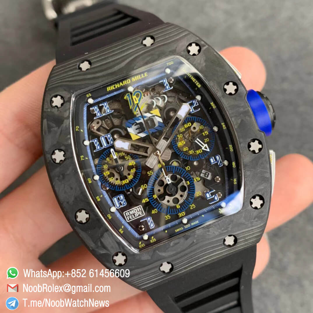 RM011 FELIPE NTPT Chrono Carbon Case Titanium Mid Case Skeleton Dial Blue Chrono Sub Dial Blue Crown on Black Rubber Strap A7750 KVF V2 Repwatch 02