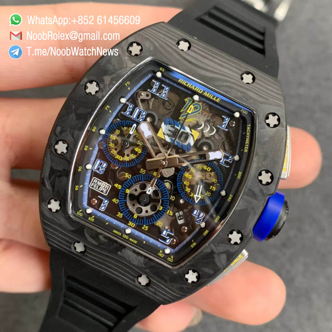RM011 FELIPE NTPT Chrono Carbon Case Titanium Mid Case Skeleton Dial Blue Chrono Sub Dial Blue Crown on Black Rubber Strap A7750 KVF V2 Repwatch 03