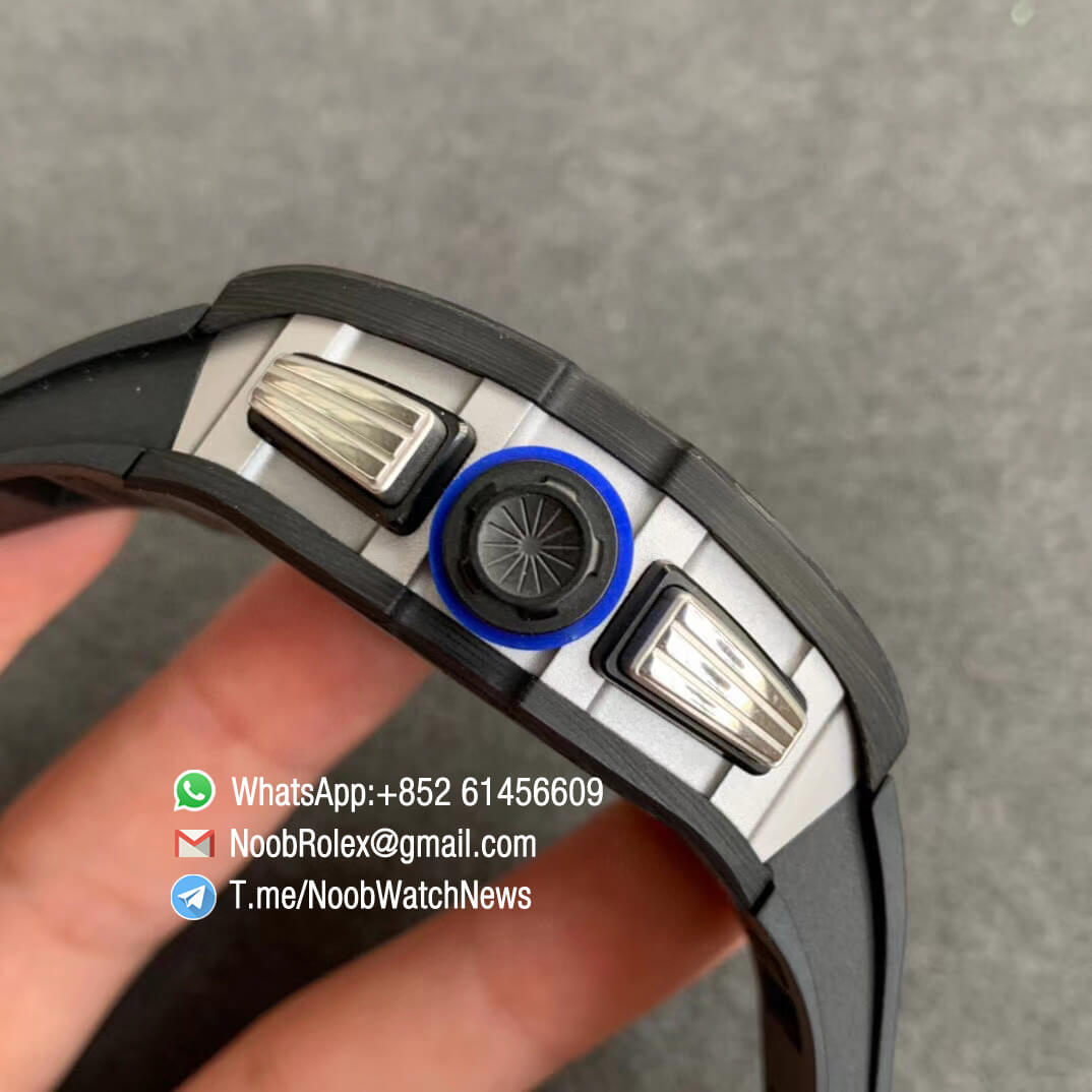 RM011 FELIPE NTPT Chrono Carbon Case Titanium Mid Case Skeleton Dial Blue Chrono Sub Dial Blue Crown on Black Rubber Strap A7750 KVF V2 Repwatch 04