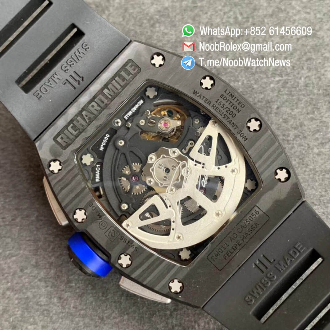 RM011 FELIPE NTPT Chrono Carbon Case Titanium Mid Case Skeleton Dial Blue Chrono Sub Dial Blue Crown on Black Rubber Strap A7750 KVF V2 Repwatch 08