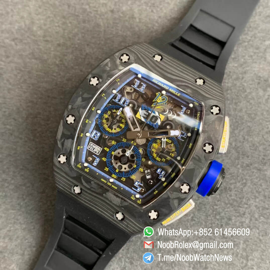 RM011 FELIPE NTPT Chrono Carbon Case Titanium Mid Case Skeleton Dial Blue Chrono Sub Dial Blue Crown on Black Rubber Strap A7750 KVF V2 Repwatch 09