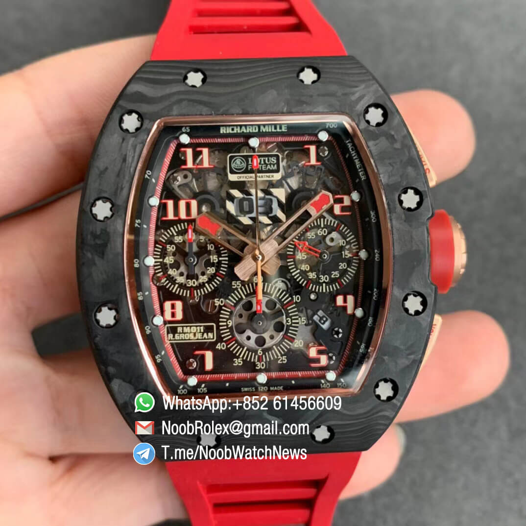 RM011 NTPT Chrono Carbon Case Rose Gold Mid Case Skeleton Crystal Dial with Red Crown on Red Rubber Strap A7750 KVF V2 Quality Replica 01