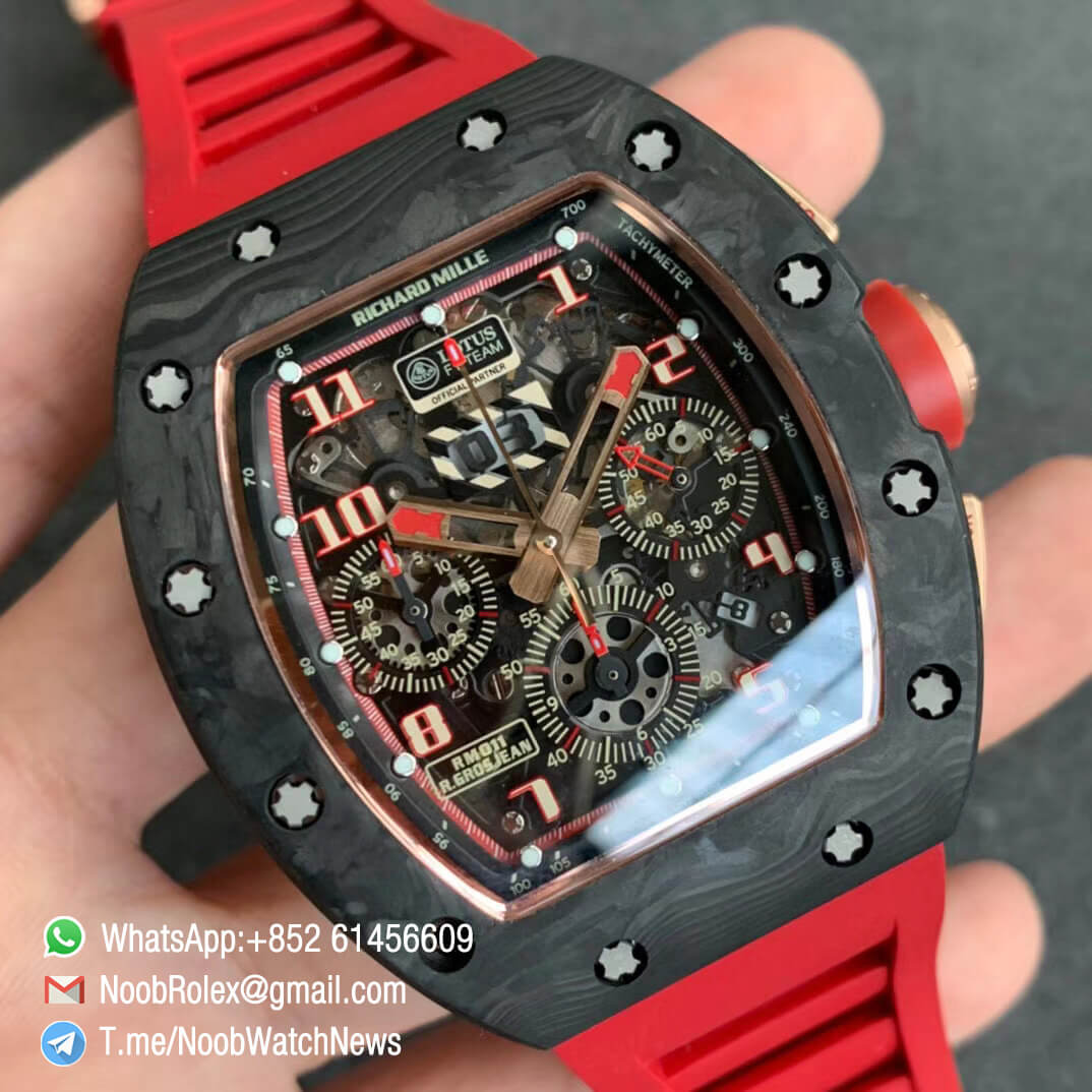 RM011 NTPT Chrono Carbon Case Rose Gold Mid Case Skeleton Crystal Dial with Red Crown on Red Rubber Strap A7750 KVF V2 Quality Replica 02