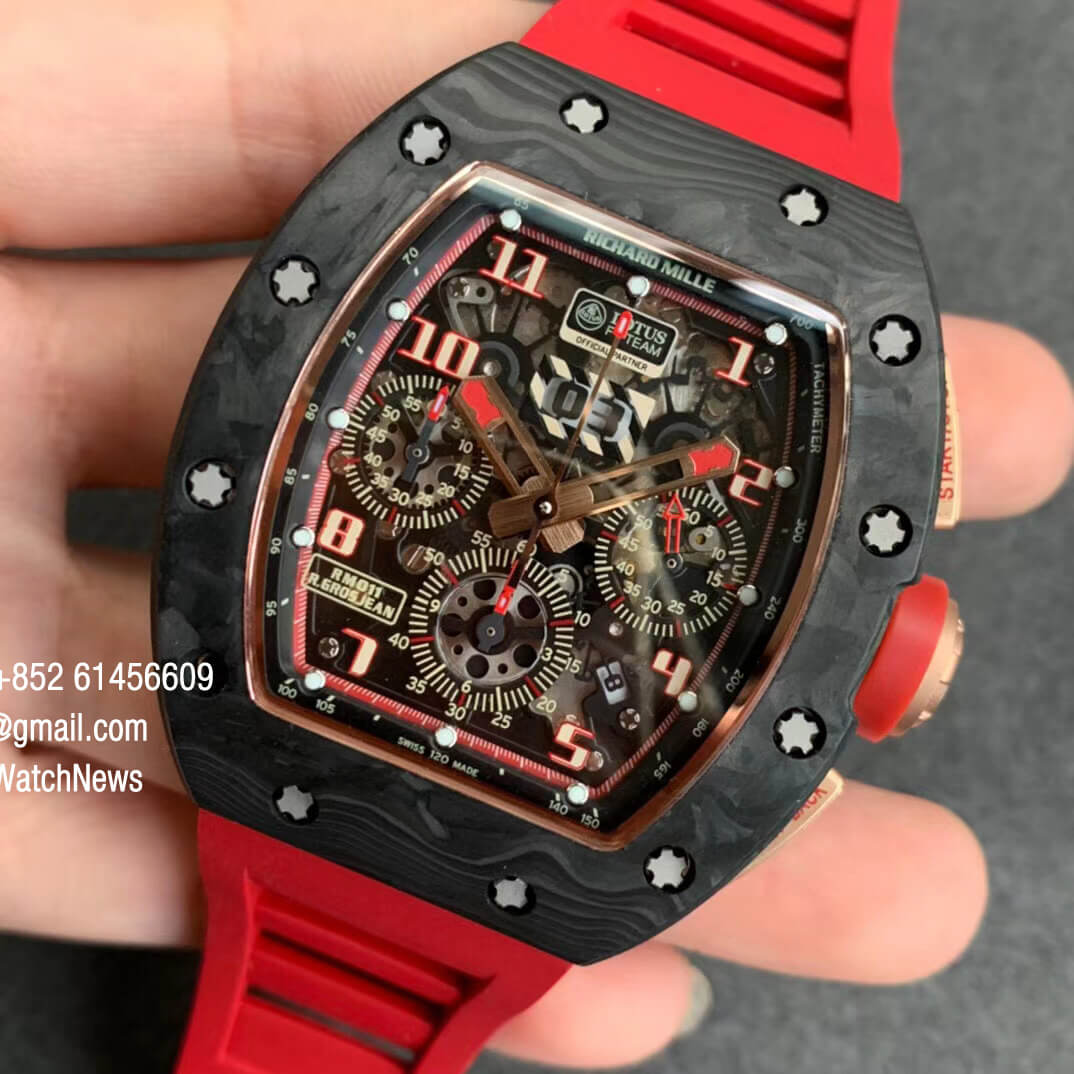 RM011 NTPT Chrono Carbon Case Rose Gold Mid Case Skeleton Crystal Dial with Red Crown on Red Rubber Strap A7750 KVF V2 Quality Replica 03
