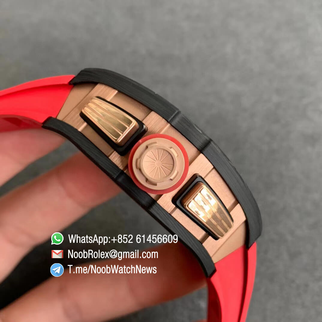 RM011 NTPT Chrono Carbon Case Rose Gold Mid Case Skeleton Crystal Dial with Red Crown on Red Rubber Strap A7750 KVF V2 Quality Replica 04