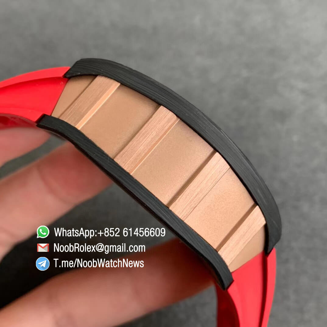 RM011 NTPT Chrono Carbon Case Rose Gold Mid Case Skeleton Crystal Dial with Red Crown on Red Rubber Strap A7750 KVF V2 Quality Replica 05