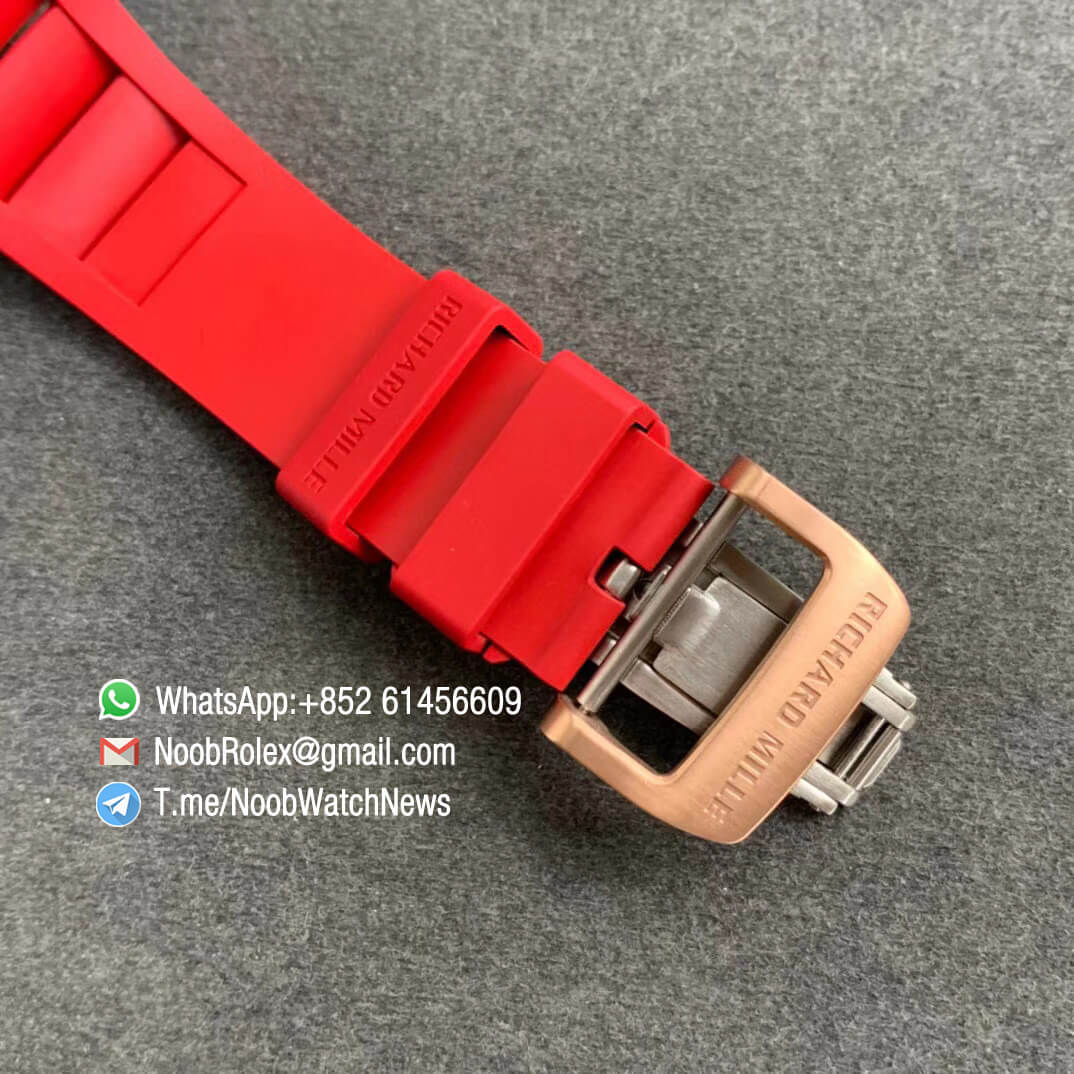 RM011 NTPT Chrono Carbon Case Rose Gold Mid Case Skeleton Crystal Dial with Red Crown on Red Rubber Strap A7750 KVF V2 Quality Replica 06