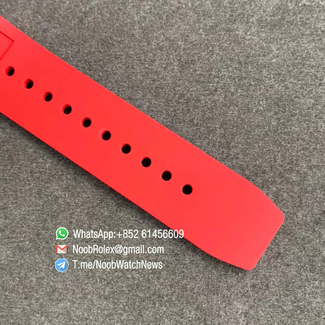 RM011 NTPT Chrono Carbon Case Rose Gold Mid Case Skeleton Crystal Dial with Red Crown on Red Rubber Strap A7750 KVF V2 Quality Replica 07