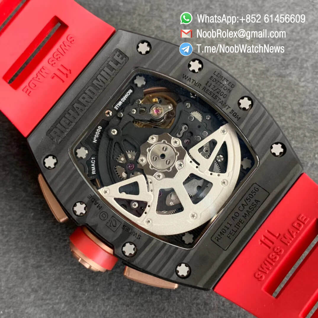 RM011 NTPT Chrono Carbon Case Rose Gold Mid Case Skeleton Crystal Dial with Red Crown on Red Rubber Strap A7750 KVF V2 Quality Replica 08