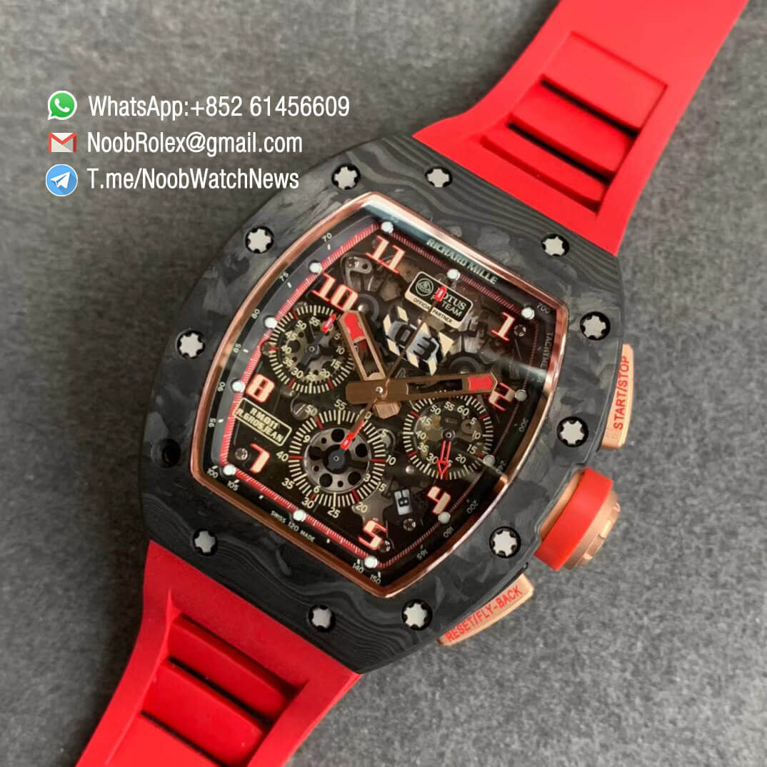 RM011 NTPT Chrono Carbon Case Rose Gold Mid Case Skeleton Crystal Dial with Red Crown on Red Rubber Strap A7750 KVF V2 Quality Replica 09