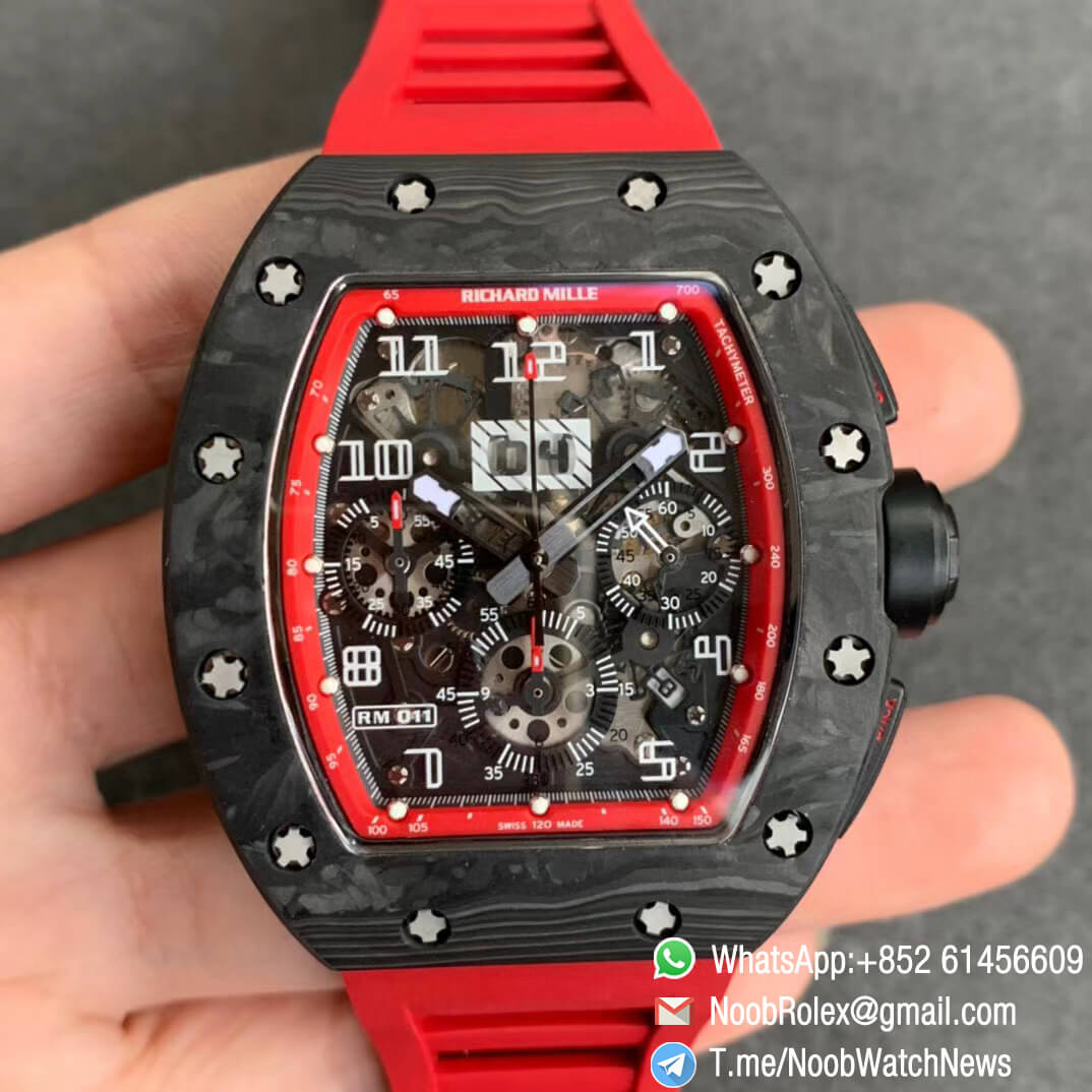RM011 NTPT Chrono Carbon Case Skeleton Crystal Dial with Red Dial Ring Black Hand on Red Rubber Strap A7750 KVF V2 Top Quality Clone 01