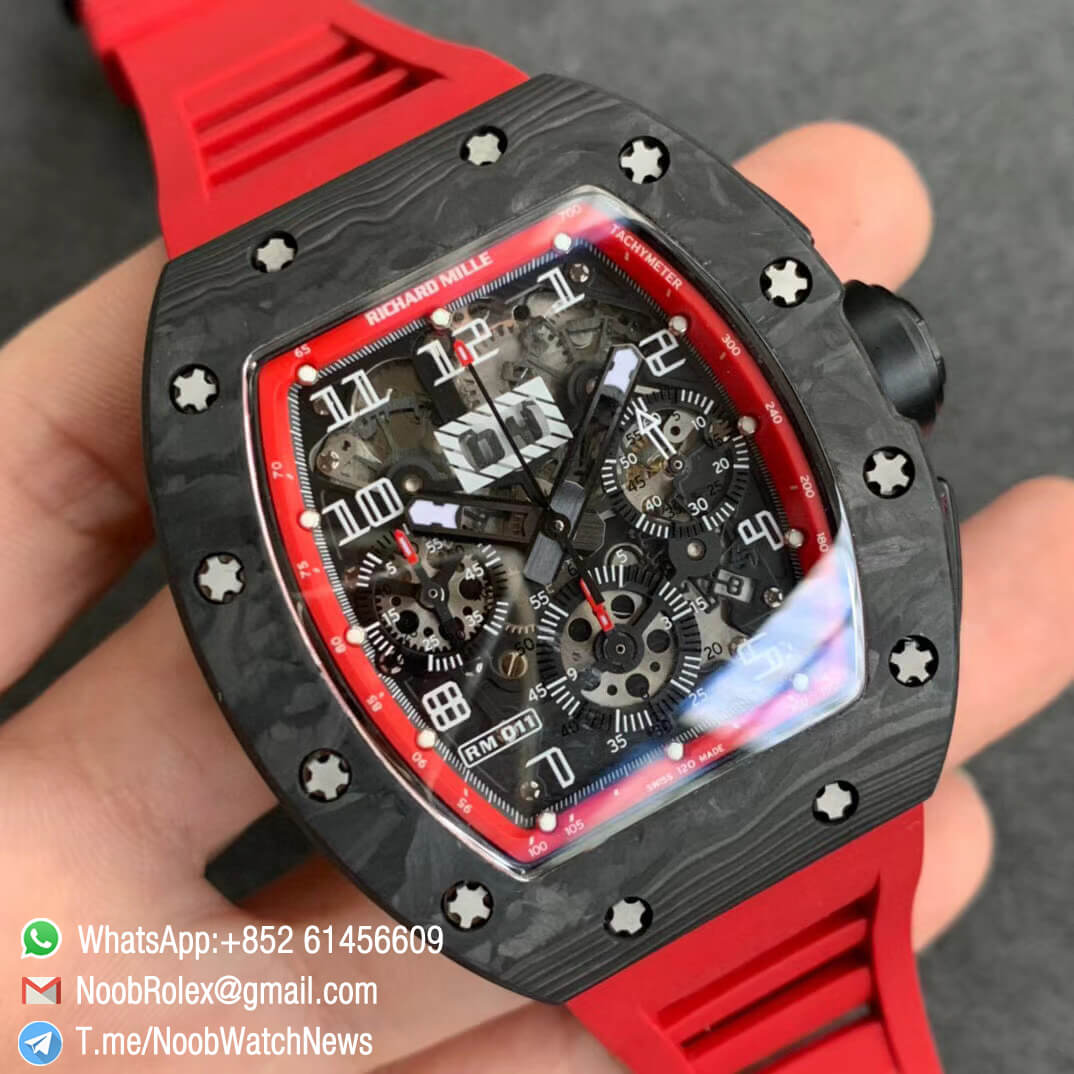 RM011 NTPT Chrono Carbon Case Skeleton Crystal Dial with Red Dial Ring Black Hand on Red Rubber Strap A7750 KVF V2 Top Quality Clone 02