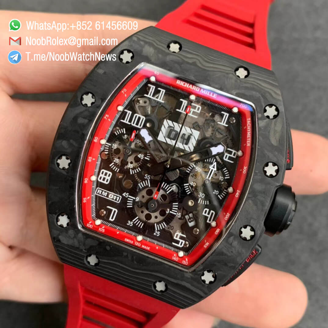 RM011 NTPT Chrono Carbon Case Skeleton Crystal Dial with Red Dial Ring Black Hand on Red Rubber Strap A7750 KVF V2 Top Quality Clone 03