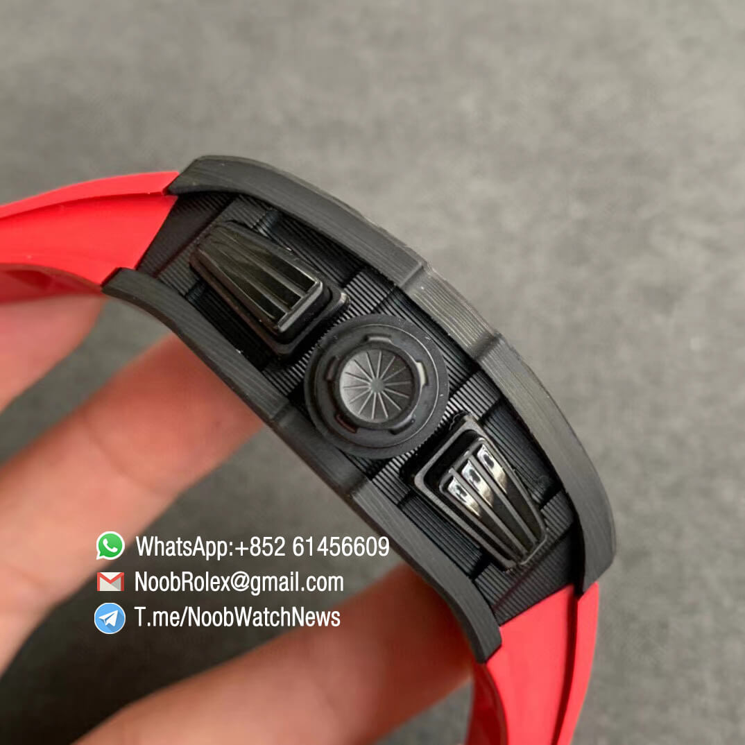 RM011 NTPT Chrono Carbon Case Skeleton Crystal Dial with Red Dial Ring Black Hand on Red Rubber Strap A7750 KVF V2 Top Quality Clone 04
