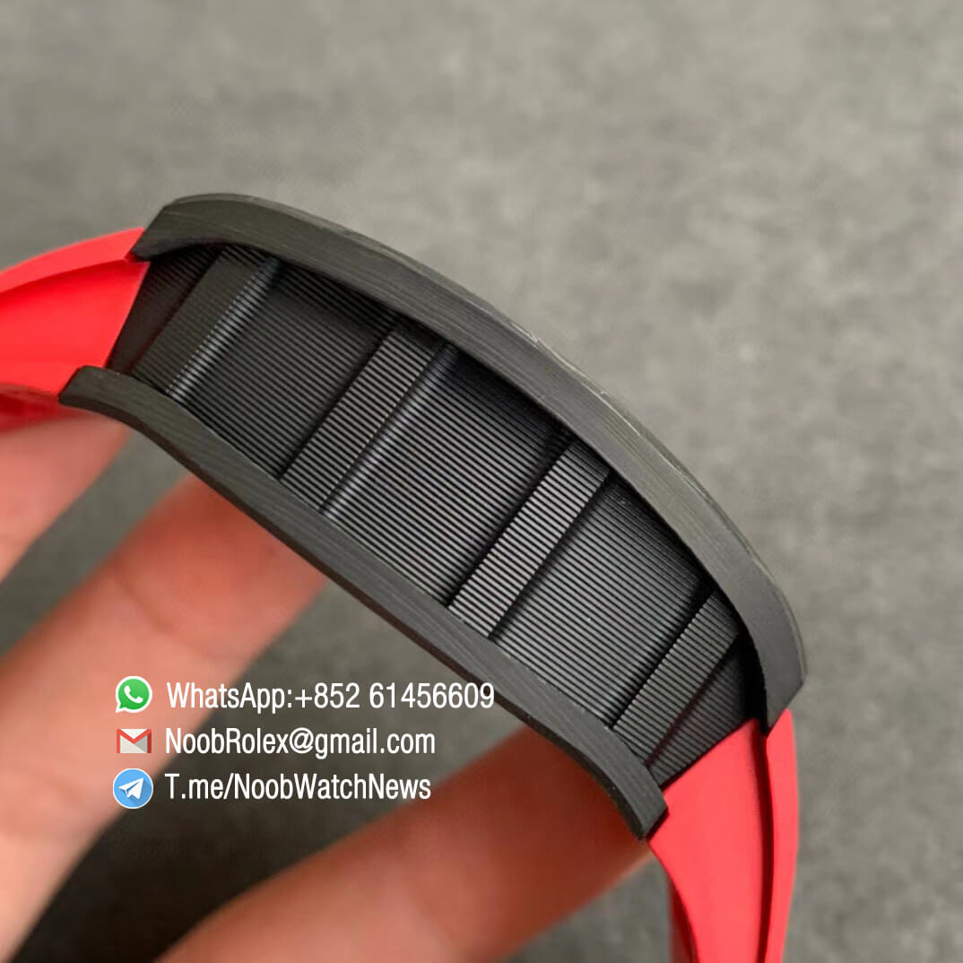 RM011 NTPT Chrono Carbon Case Skeleton Crystal Dial with Red Dial Ring Black Hand on Red Rubber Strap A7750 KVF V2 Top Quality Clone 05