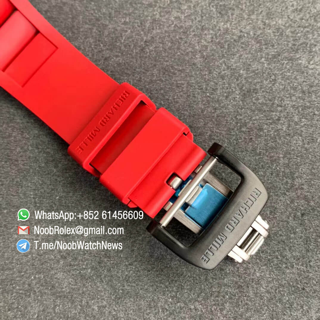 RM011 NTPT Chrono Carbon Case Skeleton Crystal Dial with Red Dial Ring Black Hand on Red Rubber Strap A7750 KVF V2 Top Quality Clone 06