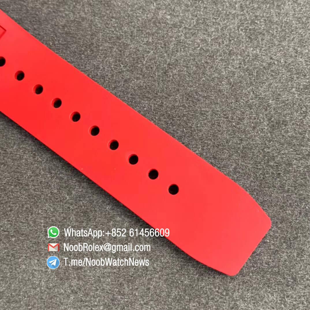RM011 NTPT Chrono Carbon Case Skeleton Crystal Dial with Red Dial Ring Black Hand on Red Rubber Strap A7750 KVF V2 Top Quality Clone 07